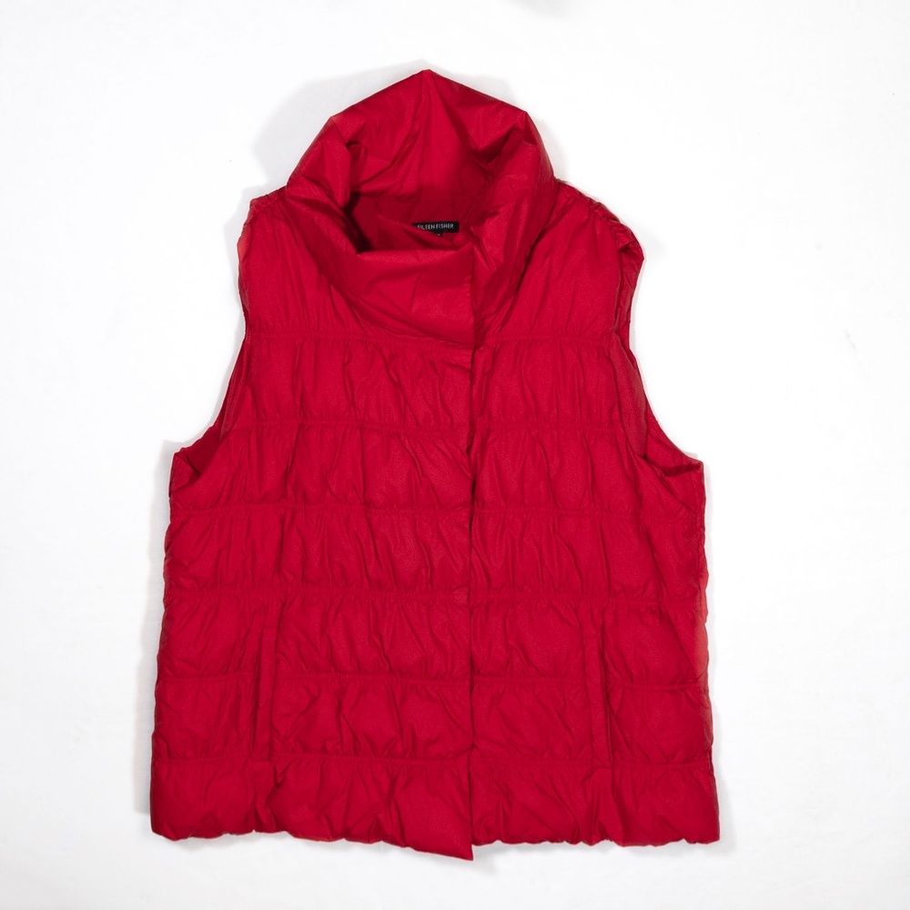 Eileen Fisher Genuine Duck Feather Down Quilted Cowl Neck Sleeveless Vest Red XL